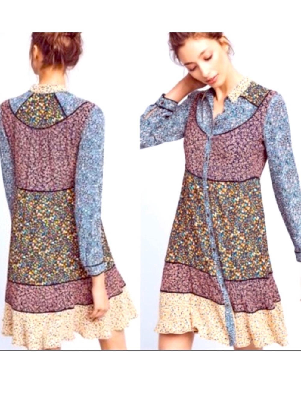 Anthropologie Maeve Teya Peasant Floral Patchwork Button-Up Dress Size: 4